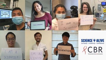 Seven scientists holding up signs that read "I am a scientist" and one panel with the CBR and SFU Science Alive logos