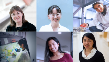 A six-collage photo of various women in STEM, with three on the top (Dr. Dana Devine, Cecilia Haymin Kim, and Dr. Narges Hadjesfandiari) and three on the bottom (Nancy Yang, Sreeparna Vappala, and Dr. Karen Cheung)