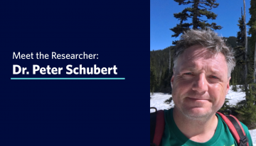 Dr. Peter Schubert hiking in the snowy mountains of Garibaldi, with text that says "Meet the Researcher: Dr. Peter Schubert"