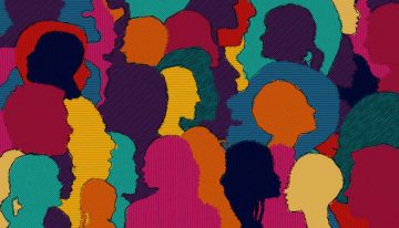 Colourful, diverse faces making up an abstract background