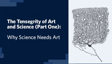 Title card on blue background with title: The Tensegrity of Arts and Science (Part One): Why Science Needs Art. On the right there is an ink and pencil drawing of a Purkinje cell in the cat's cerebellar cortex by Santiago Ramón y Cajal.