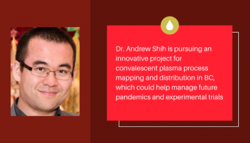 Dr. Andrew Shih's bio photo on the left, text on the right with a stylized illustration of plasma that reads: "Dr. Andrew Shih is pursuing an innovative project for convalescent plasma process mapping and distribution in BC, which could help manage future pandemics and experimental trials"