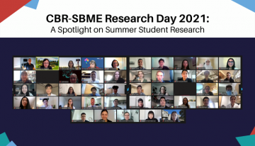 Graphic for blog CBR-SBME Research Day 2021: A Spotlight on Summer Student Research, with Zoom screenshot of event attendees on a dark background