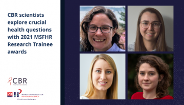 Bio photos of the MSFHR Research Trainee awardees (from top to bottom, left to right): Dr. Grace Cole, Dr. Julyanne Brassard, Dr. Katherine Badior and Dr. Anna Herrmann. The Michael Smith Foundation for Health Research's logo is on a white background, with an image celebrating the foundation's 20 years and a tagline that it is BC's health research funding agency