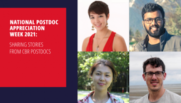 Title card for National Postdoc Appreciation Week 2021, with a collage of the four CBR postdocs highlighted in the piece, titled National Postdoc Appreciation Week 2021: Sharing the Stories of CBR Postdocs, in a 4-part collage: Dr. Alison McAfee, Dr. Alex Leatherdale, Dr. Emily Park, and Dr. Manoj Paul.