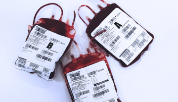 Bags of blood on a white background. Blood types seem to be A, B and O.