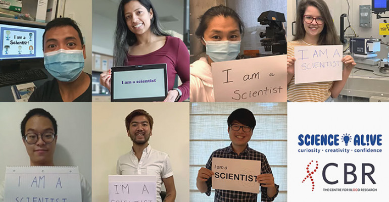 Seven scientists holding up signs that read "I am a scientist" and one panel with the CBR and SFU Science Alive logos